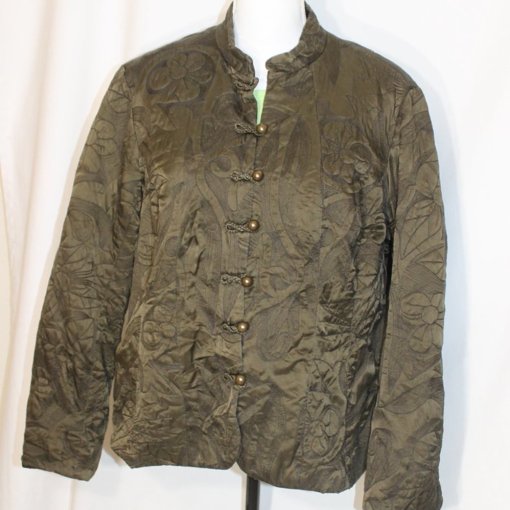 COLDWATER CREEK Olive Green Quilted Jacket Size Large Button Front Oriental L/S - Picture 1 of 13